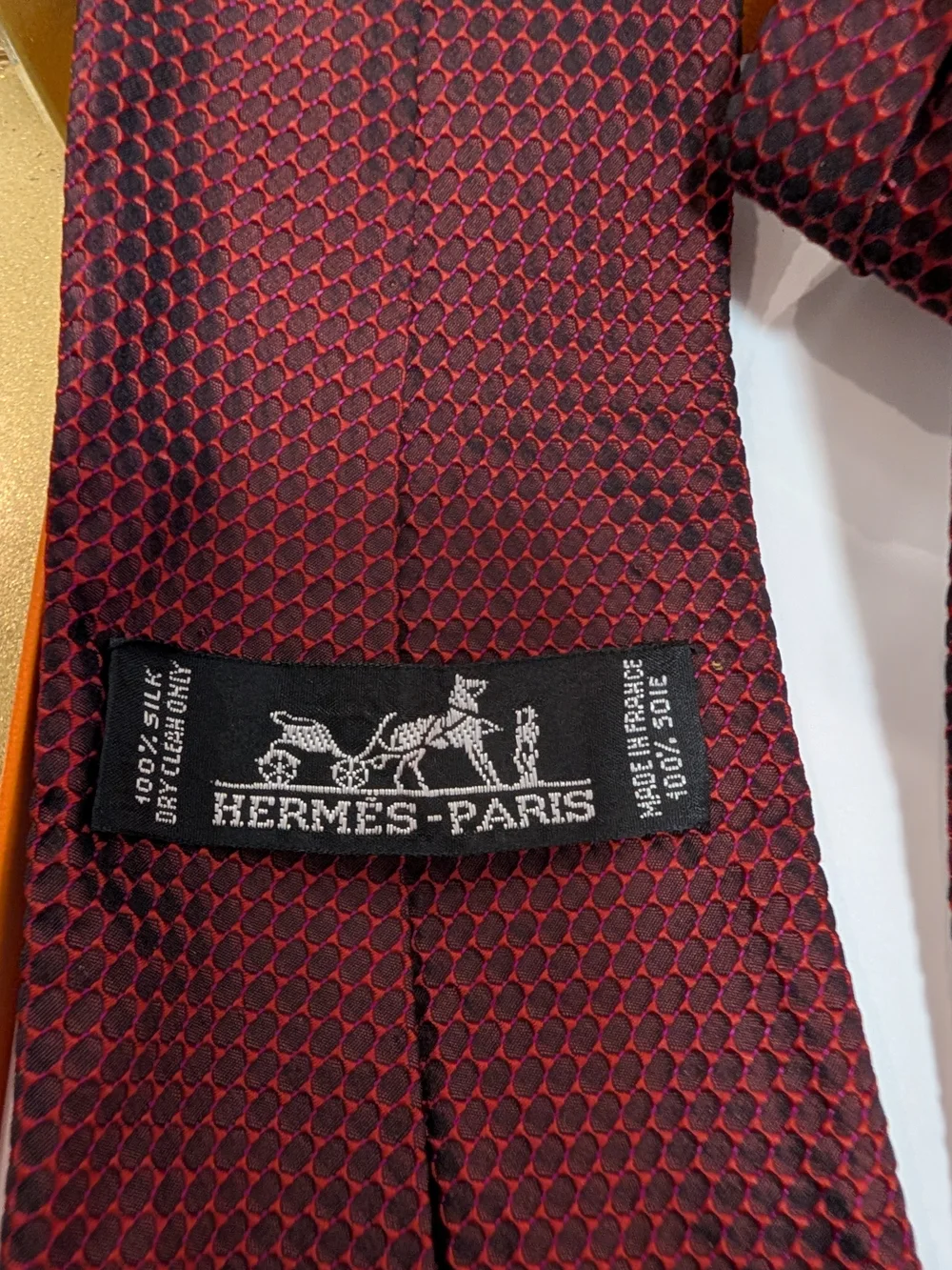 Hermes Men's Deep Burgundy Textured Silk Tie